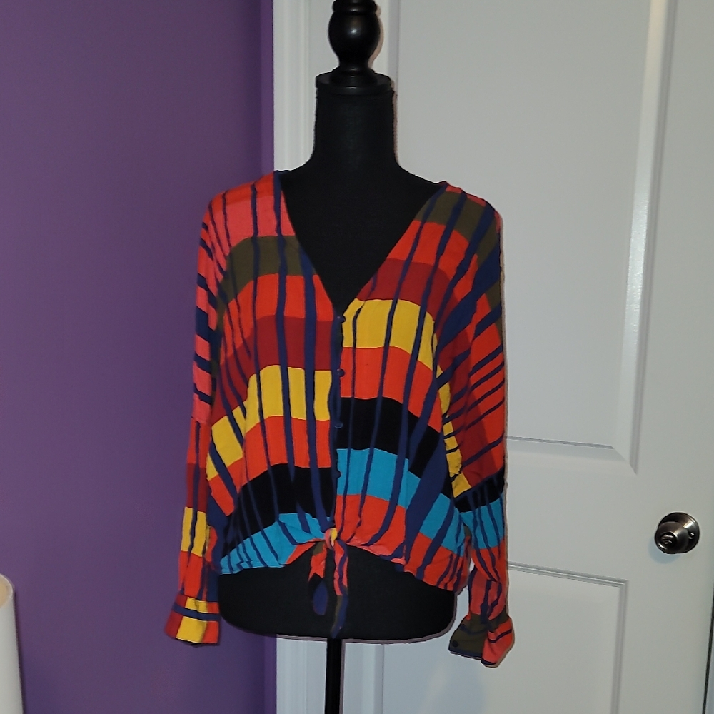 Express Multicolor Striped Button Down Crop Style… - image 1